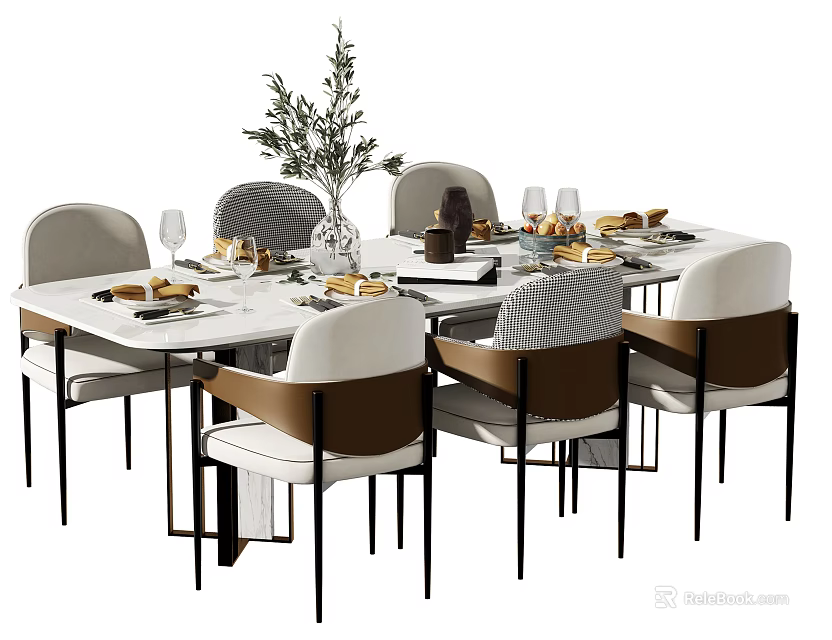 Modern Dining Table Set With Beige Brown Chairs Tableware Wine Glasses And Green Plant Vase 3d model 