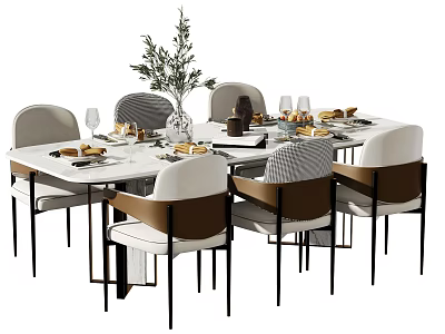 Modern Dining Table Set With Beige Brown Chairs Tableware Wine Glasses And Green Plant Vase 3d model