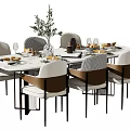 Modern Dining Table Set With Beige Brown Chairs Tableware Wine Glasses And Green Plant Vase