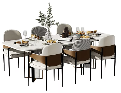 Modern Dining Table Set With Beige Brown Chairs Tableware Wine Glasses And Green Plant Vase 3d model