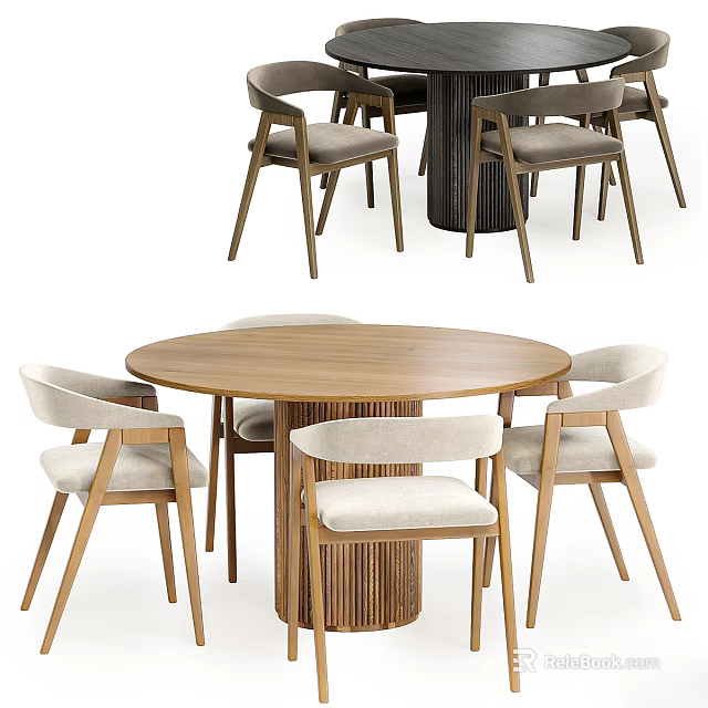 Modern Round Wooden Dining Table Set With Upholstered Chairs And Slatted Base Design 3d model 