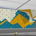 Colorful Indoor Climbing Wall With Geometric Patterns Child And Volleyball Nearby