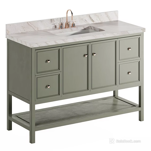 Modern Sage Green Bathroom Vanity with Marble Countertop Brass Faucet and Storage Drawers 3d model 