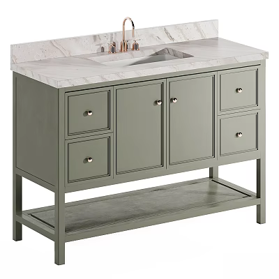 Modern Sage Green Bathroom Vanity with Marble Countertop Brass Faucet and Storage Drawers 3d model