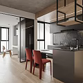 Modern Apartment Interior With Dark Cabinets Red Chair Sofa And Wooden Flooring