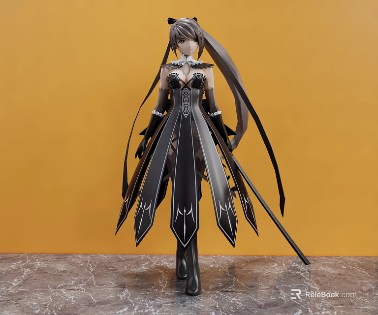 Mysterious Game Movie Character With Long Hair Black Spiked Dress And Decorative Weapon 3d model 