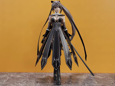 Mysterious Game Movie Character With Long Hair Black Spiked Dress And Decorative Weapon 3d model