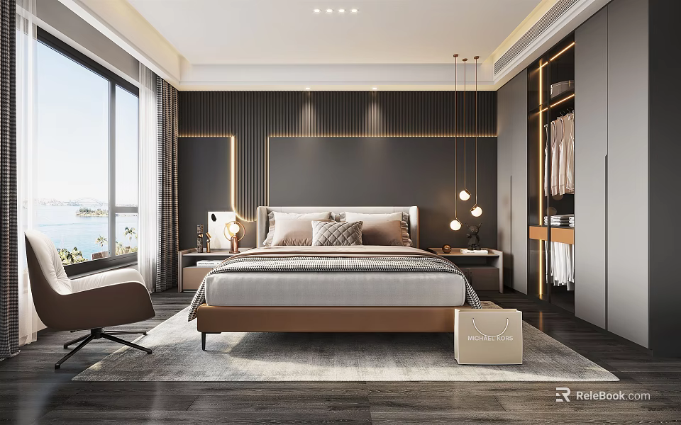 Modern Bedroom Interior Design With King Bed Nightstands Pendant Lights And Large Window 3d model 