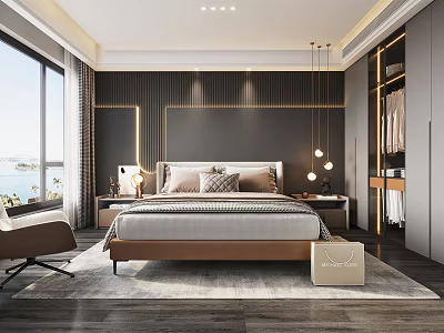 Modern Bedroom Interior Design With King Bed Nightstands Pendant Lights And Large Window 3d model