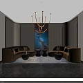 Modern Luxury Shop Front Desk With Curved Sofa Starry Backdrop Chandelier And Metal Grille Decor
