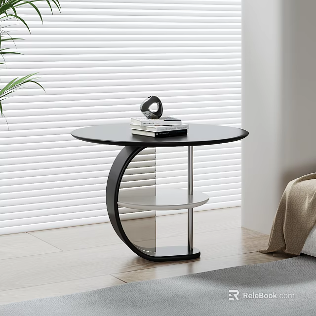 Modern Black Nightstand With Round Top White Shelf And Books Decorative Item 3d model 