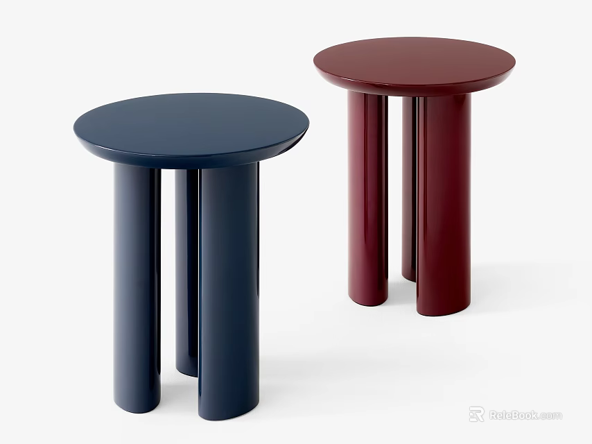 Modern Side Tables With Round Top And Three Cylindrical Legs Navy Blue Burgundy 3d model 