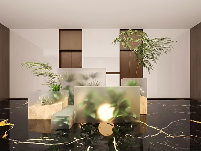 Indoor Plants In Transparent Cubes With Palm Plant And Succulents In Modern Interior Marble Floor 3d model