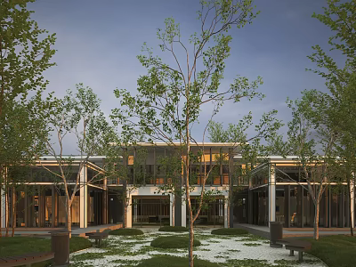 Modern Sales Office Building With Glass Structure Surrounded by Trees Green Lawn and Soft Lighting 3d model