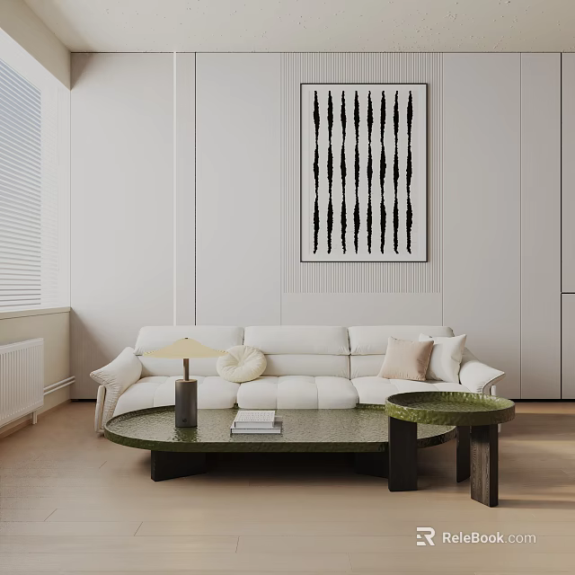 Modern White Three Seater Sofa With Green Coffee Table And Striped Wall Art 3d model 