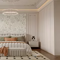 Elegant Bedroom With Ornate Ceiling Chandelier Floral Wallpaper White Tufted Bed And Geometric Rug
