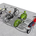 Red Green Black Vintage Bicycles Parked On Concrete Floor With Classic Design