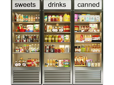 Upright Freezers Labeled Sweets Drinks Canned Stocked With Various Items For Commercial 3d model