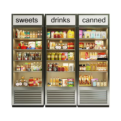 Upright Freezers Labeled Sweets Drinks Canned Stocked With Various Items For Commercial 3d model
