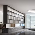 Modern Front Desk Reception Area With Marble Wall Dark Cabinets And Long Wooden Counter