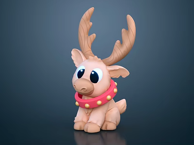 Adorable Pink Deer Doll With Big Blue Eyes Brown Antlers Red Collar And Yellow Dots 3d model
