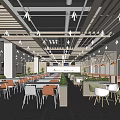 Modern Dining Area With Wooden Slat Ceiling Tables Chairs And Green Plants