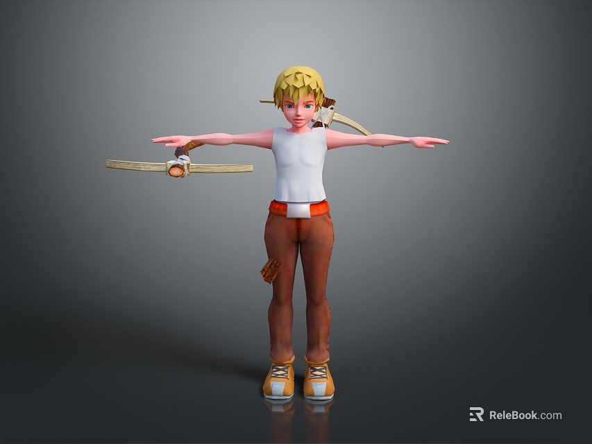 Blonde man in white tank top and brown pants with arms outstretched holding airplane model 3d model 