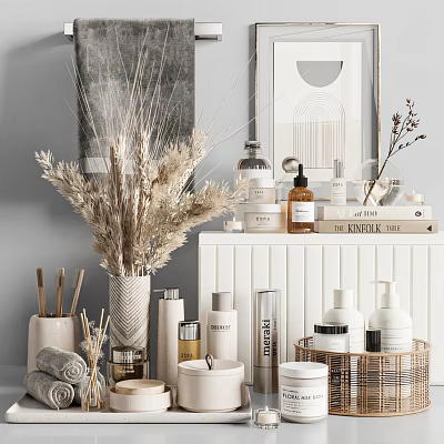 Modern Home Decorative Ornament Set With Dried Flowers Vase Skincare Bottles Books And Basket 3d model