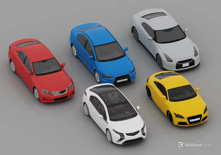 Five Different Colored Car Models in Red Blue Gray White Yellow on Gray Background 3d model 