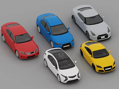 Five Different Colored Car Models in Red Blue Gray White Yellow on Gray Background 3d model
