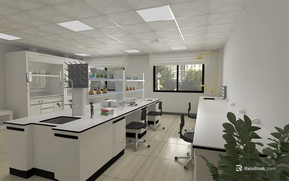 Modern Laboratory Interior Design With White Benches Reagent Bottles Equipment And Windows 3d model 