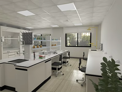 Modern Laboratory Interior Design With White Benches Reagent Bottles Equipment And Windows 3d model