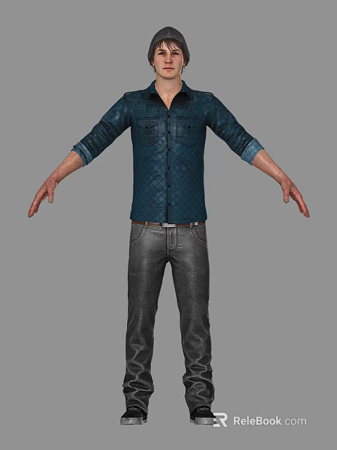 Man In Dark Blue Shirt And Gray Jeans With Arms Outstretched Standing Pose 3d model 