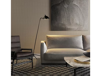 Modern Light Gray Sofa Set with Dark Armchair Floor Lamp Wall Art and Coffee Table 3d model