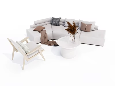 Light Gray L Sofa and White Round Coffee Table Set with Cushions Blanket Dried Plants 3d model