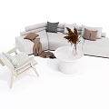Light Gray L Sofa and White Round Coffee Table Set with Cushions Blanket Dried Plants