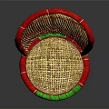 Stylish Woven Rattan Chair With Red Trim And Green Decorative Accents