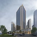 Modern High Rise Office Building With Glass Curtain Wall And Urban Skyline