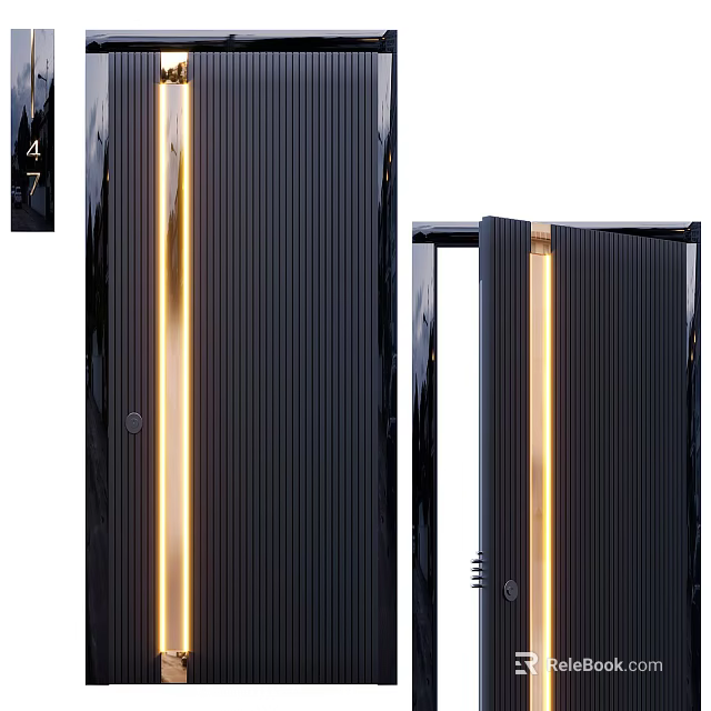 Modern Black Entrance Door Featuring Vertical Stripes LED Light Strips And Sleek Design 3d model 