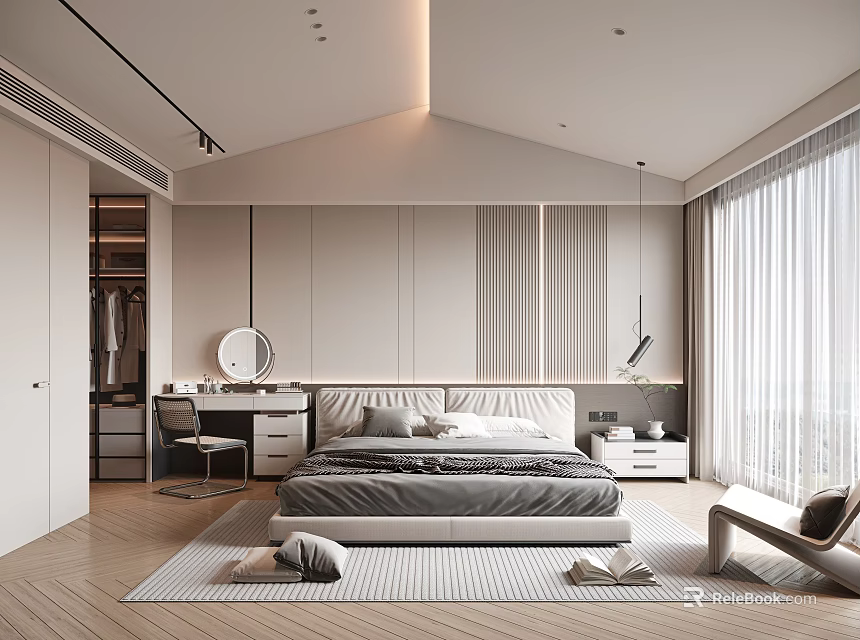 Modern Minimalist Bedroom Interior With King Bed Nightstand Dresser Carpet And Curtains 3d model 