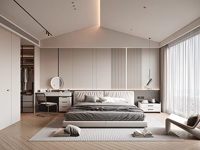 Modern Minimalist Bedroom Interior With King Bed Nightstand Dresser Carpet And Curtains 3d model