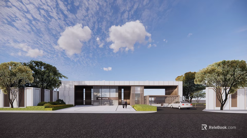 Modern Architectural Entrance Gate With Glass Facade Metal Frame And Greenery Driveway 3d model 