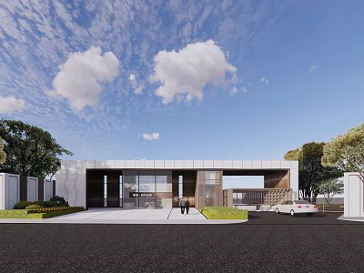 Modern Architectural Entrance Gate With Glass Facade Metal Frame And Greenery Driveway 3d model