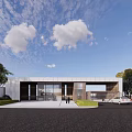 Modern Architectural Entrance Gate With Glass Facade Metal Frame And Greenery Driveway