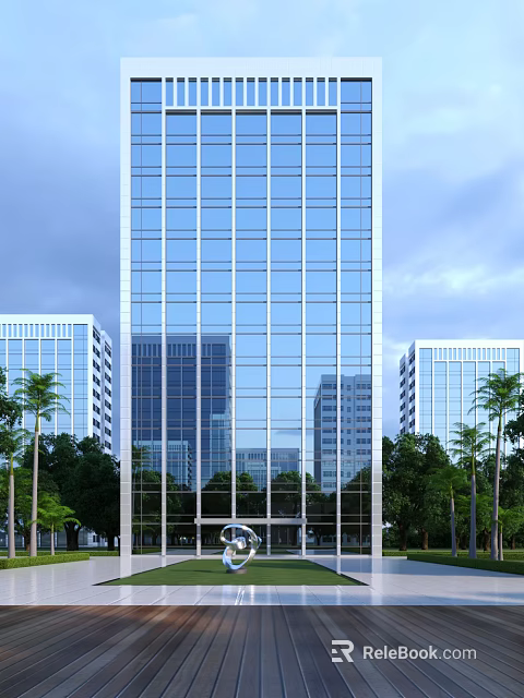 Tall Modern Office Building With Glass Curtain Wall And Surrounding Trees Other Buildings 3d model 