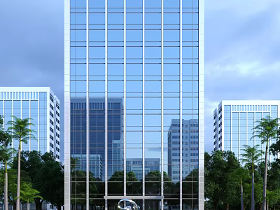 Tall Modern Office Building With Glass Curtain Wall And Surrounding Trees Other Buildings 3d model