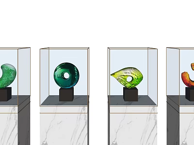 Decorative Ornament Set with Various Colors and Shapes in Glass Display Cases on Marble Bases 3d model