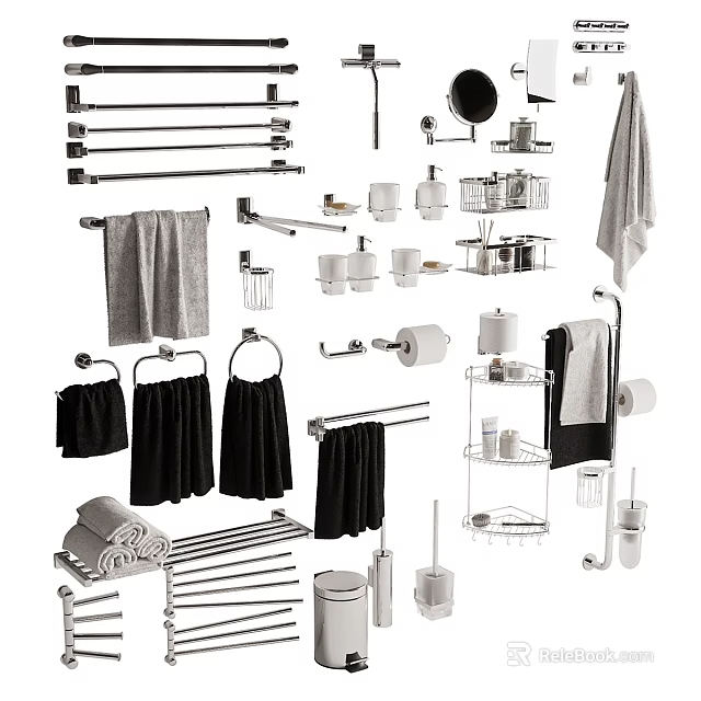 Essential Bathroom Accessories Including Towel Racks Towels Soap Dishes And Storage Shelves 3d model 