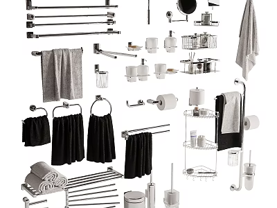 Essential Bathroom Accessories Including Towel Racks Towels Soap Dishes And Storage Shelves 3d model