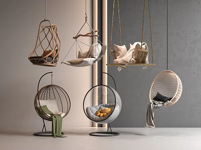 Stylish Hanging Chairs Featuring Woven Design Basket Style Metal Stand And Comfortable Cushions 3d model